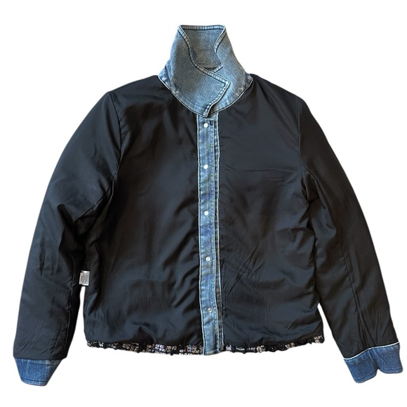 Ecru Black Mixed Media Tweed Houndstooth Denim Blazer Jacket Petite Small PS - Picture 5 of 13